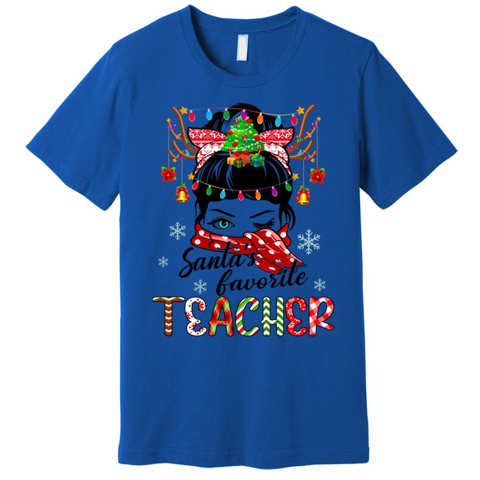 Messy Bun Hair Christmas TreesantaS Favorite Teacher Gift Premium T-Shirt