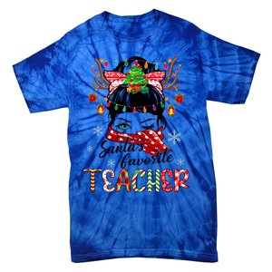 Messy Bun Hair Christmas TreesantaS Favorite Teacher Gift Tie-Dye T-Shirt