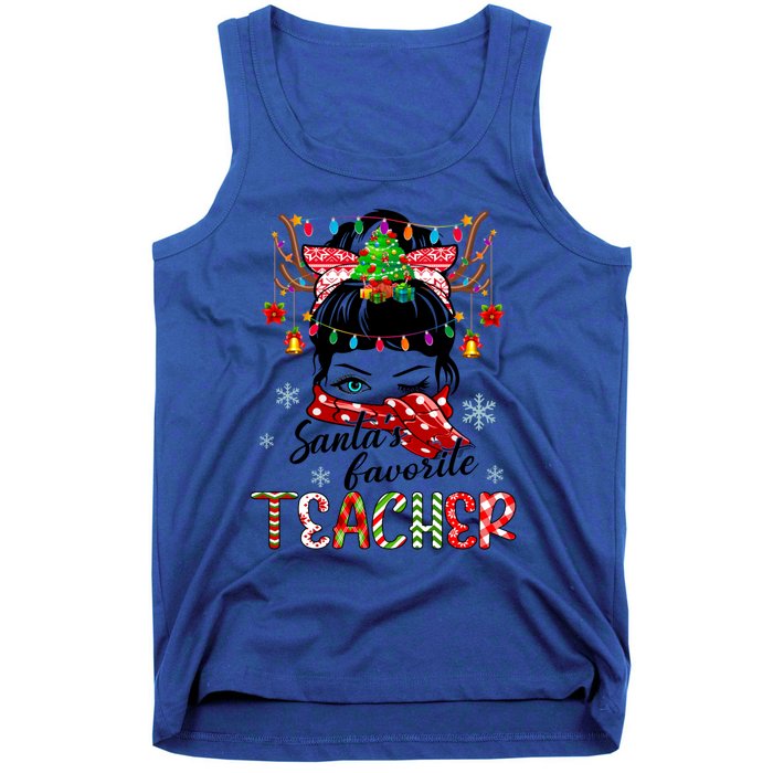 Messy Bun Hair Christmas TreesantaS Favorite Teacher Gift Tank Top