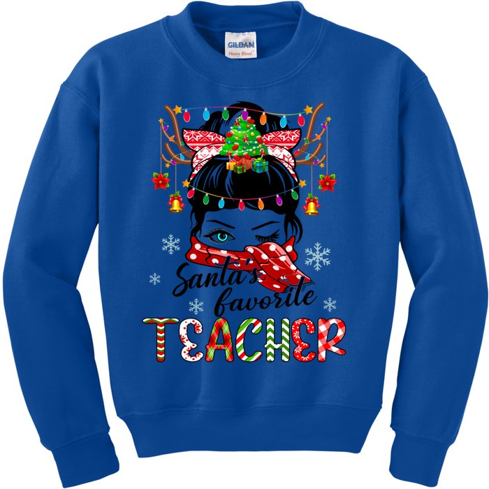 Messy Bun Hair Christmas TreesantaS Favorite Teacher Gift Kids Sweatshirt