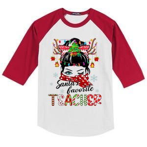 Messy Bun Hair Christmas TreesantaS Favorite Teacher Gift Kids Colorblock Raglan Jersey