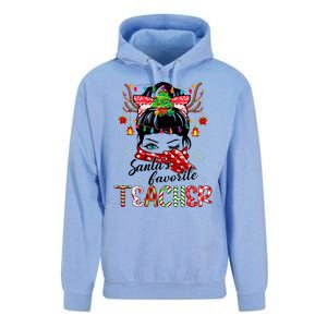 Messy Bun Hair Christmas TreesantaS Favorite Teacher Gift Unisex Surf Hoodie