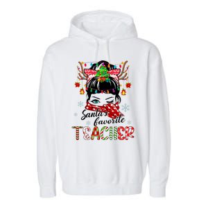 Messy Bun Hair Christmas TreesantaS Favorite Teacher Gift Garment-Dyed Fleece Hoodie