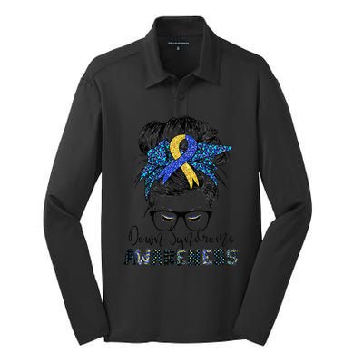 Messy Bun Hair Down Syndrome Awareness Mom Silk Touch Performance Long Sleeve Polo