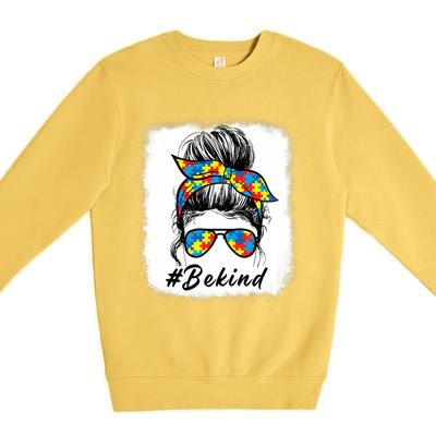 Messy Bun Hair Glasses Be Kind Autism Awareness Day Meaningful Gift Premium Crewneck Sweatshirt