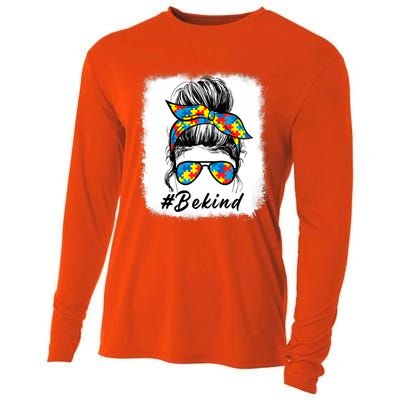 Messy Bun Hair Glasses Be Kind Autism Awareness Day Meaningful Gift Cooling Performance Long Sleeve Crew