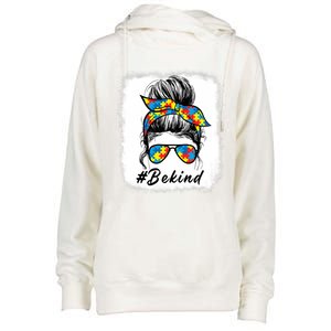 Messy Bun Hair Glasses Be Kind Autism Awareness Day Meaningful Gift Womens Funnel Neck Pullover Hood