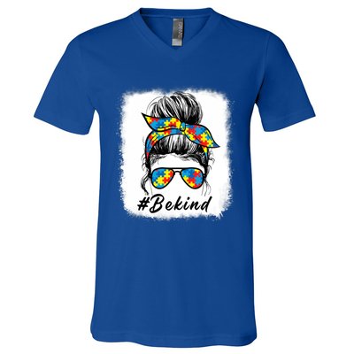 Messy Bun Hair Glasses Be Kind Autism Awareness Day Meaningful Gift V-Neck T-Shirt