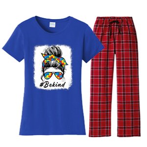 Messy Bun Hair Glasses Be Kind Autism Awareness Day Meaningful Gift Women's Flannel Pajama Set