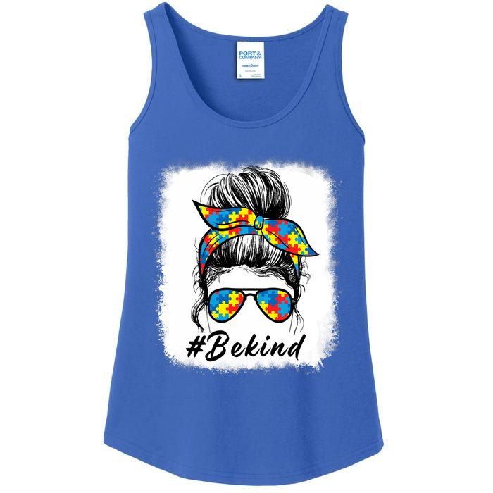 Messy Bun Hair Glasses Be Kind Autism Awareness Day Meaningful Gift Ladies Essential Tank