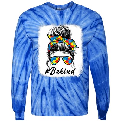 Messy Bun Hair Glasses Be Kind Autism Awareness Day Meaningful Gift Tie-Dye Long Sleeve Shirt