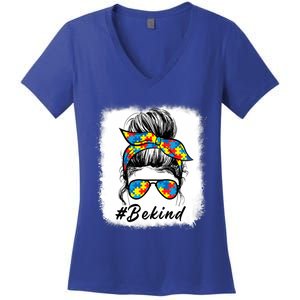 Messy Bun Hair Glasses Be Kind Autism Awareness Day Meaningful Gift Women's V-Neck T-Shirt