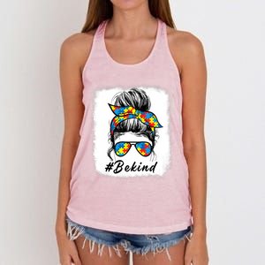 Messy Bun Hair Glasses Be Kind Autism Awareness Day Meaningful Gift Women's Knotted Racerback Tank