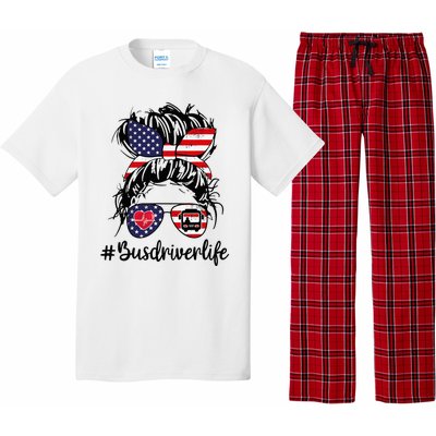 Messy buns hair bus driver life american flag for  Pajama Set