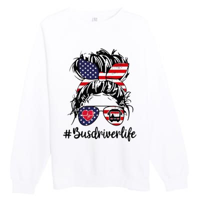 Messy buns hair bus driver life american flag for  Premium Crewneck Sweatshirt