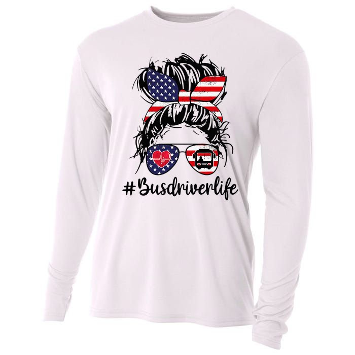 Messy buns hair bus driver life american flag for  Cooling Performance Long Sleeve Crew