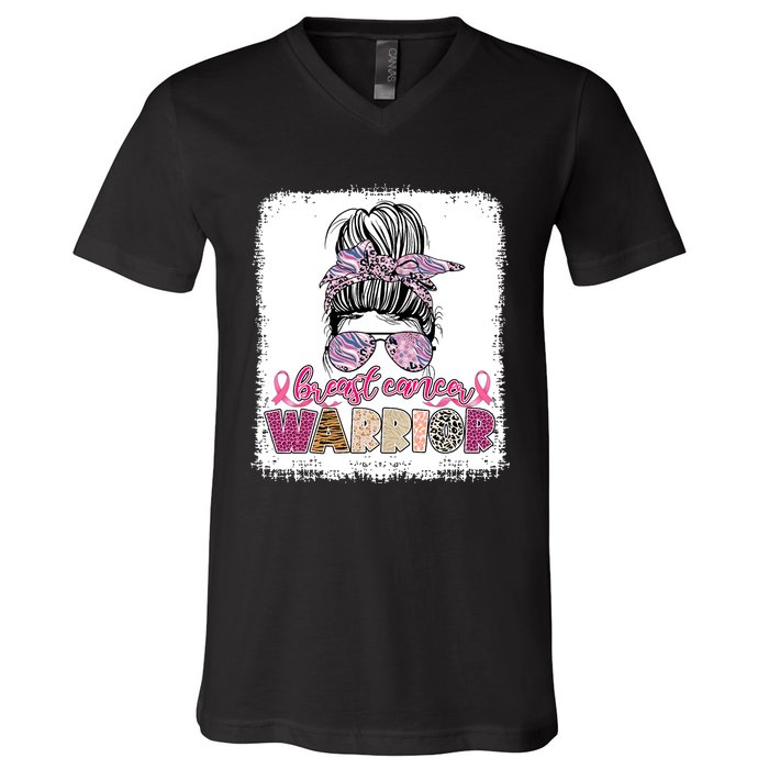 Messy Bun Hair Pink Ribbon Breast Cancer Awareness V-Neck T-Shirt