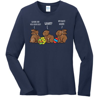 My Butt Hurts Funny Bitten Chocolate Bunny Easter Ladies Long Sleeve Shirt