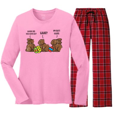 My Butt Hurts Funny Bitten Chocolate Bunny Easter Women's Long Sleeve Flannel Pajama Set 