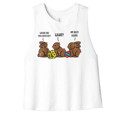 My Butt Hurts Funny Bitten Chocolate Bunny Easter Women's Racerback Cropped Tank