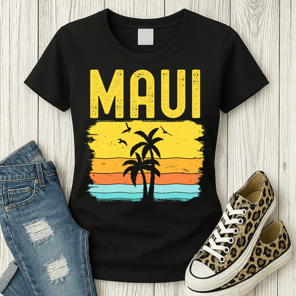 Maui Beach Hawaii Summer Vacation Hawaiian Sunset Vintage Womens T-Shirt
