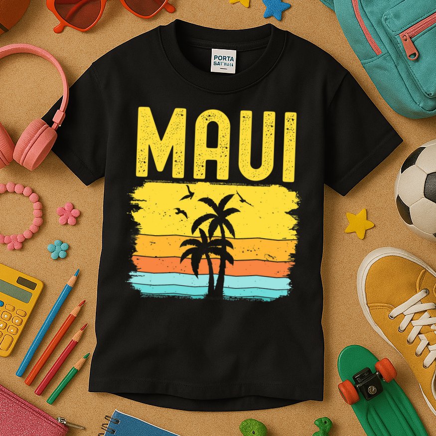 Maui Beach Hawaii Summer Vacation Hawaiian Sunset Vintage Kids T-Shirt