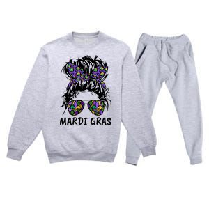 Messy Bun Hair Glasses New Orleans Carnival Mardi Gras Mama Premium Crewneck Sweatsuit Set