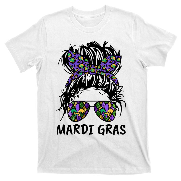 Messy Bun Hair Glasses New Orleans Carnival Mardi Gras Mama T-Shirt