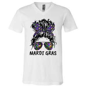 Messy Bun Hair Glasses New Orleans Carnival Mardi Gras Mama V-Neck T-Shirt