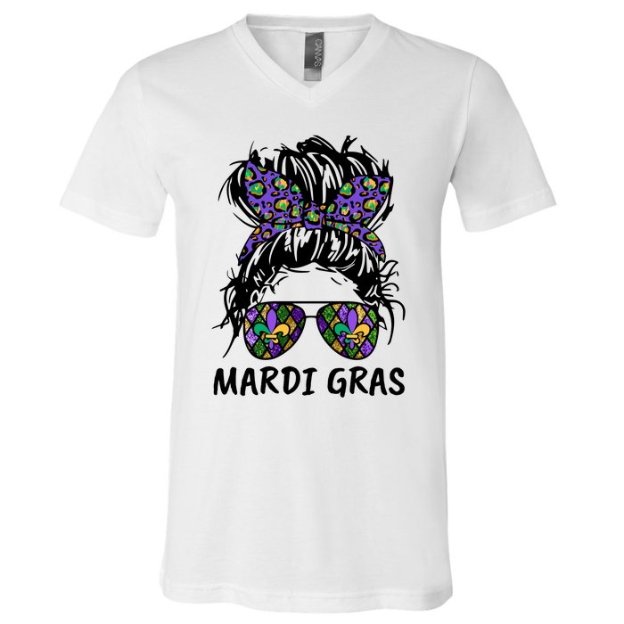 Messy Bun Hair Glasses New Orleans Carnival Mardi Gras Mama V-Neck T-Shirt