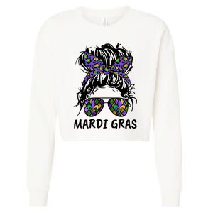 Messy Bun Hair Glasses New Orleans Carnival Mardi Gras Mama Cropped Pullover Crew