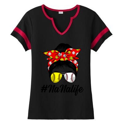 Messy Bun Hair Nana Life Softball Baseball Love Mother's Day Gift Ladies Halftime Notch Neck Tee