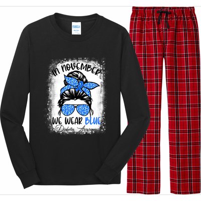 Messy Bun In November We Wear Blue Diabetes Awareness Long Sleeve Pajama Set