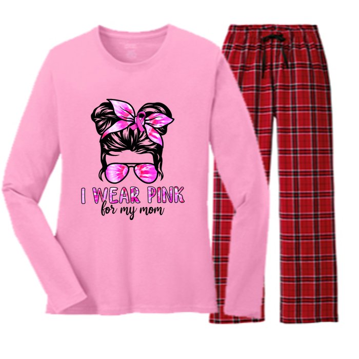 Messy Bun I Wear Pink For My Mom Breast Cancer Women's Long Sleeve Flannel Pajama Set 