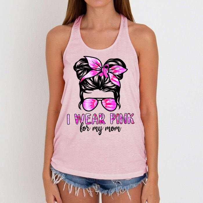 Messy Bun I Wear Pink For My Mom Breast Cancer Women's Knotted Racerback Tank