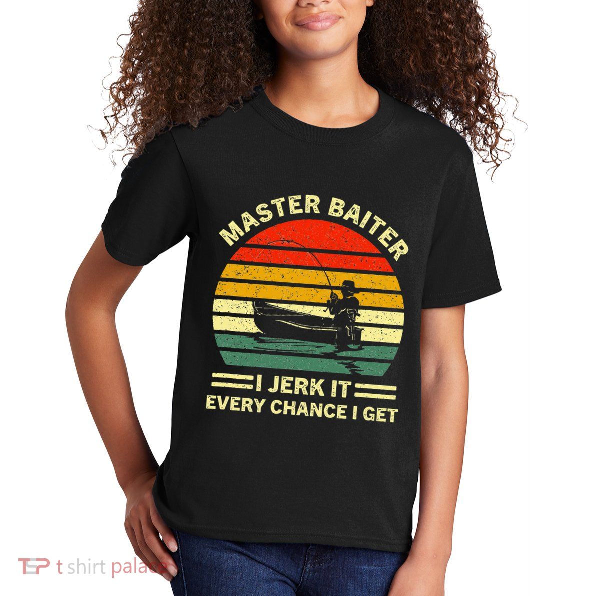 Master Baiter I Jerk It Every Chance I Get Vintage Fisherman Kids T-Shirt
