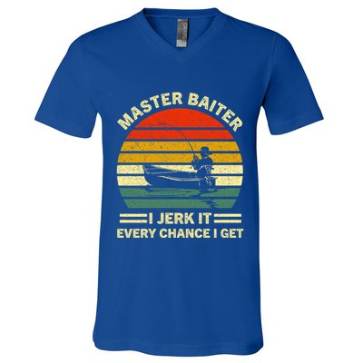 Master Baiter I Jerk It Every Chance I Get Vintage Fisher Cool Gift V-Neck T-Shirt