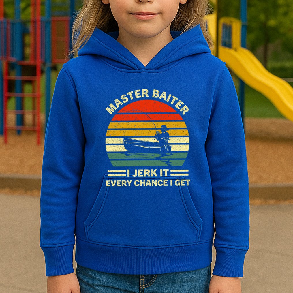 Master Baiter I Jerk It Every Chance I Get Vintage Fisher Cool Gift Kids Hoodie