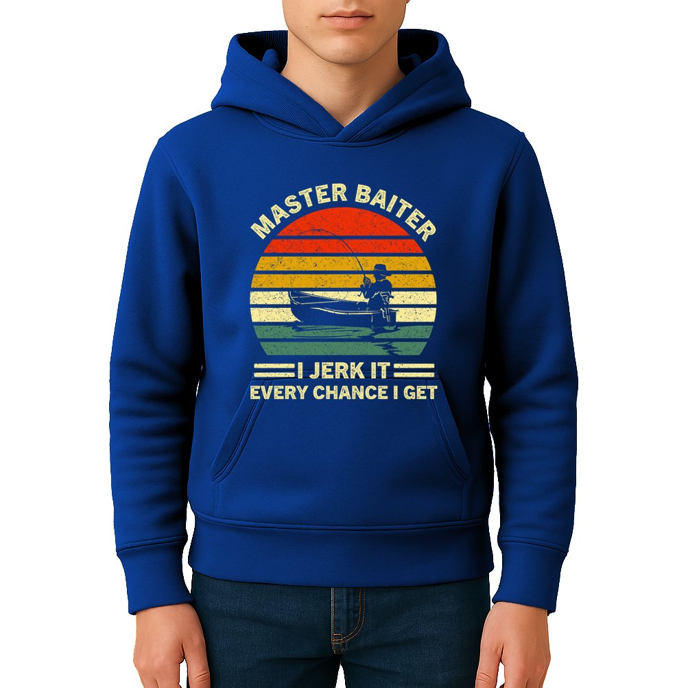 Master Baiter I Jerk It Every Chance I Get Vintage Fisher Cool Gift Kids Hoodie