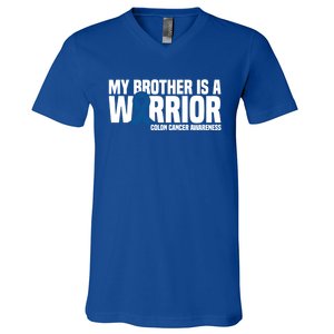 My Brother Is A Warrior Blue Ribbon Colon Cancer Awareness Gift V-Neck T-Shirt