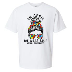 Messy Bun In April We Wear Blue Autism Awareness Month Sueded Cloud Jersey T-Shirt