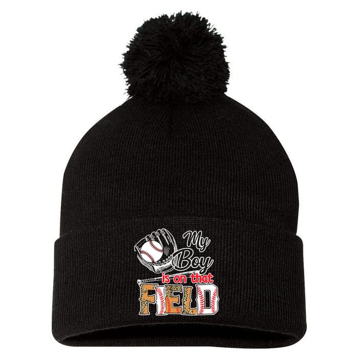 My Boy Is On That Field Baseball Leopard Pom Pom 12in Knit Beanie