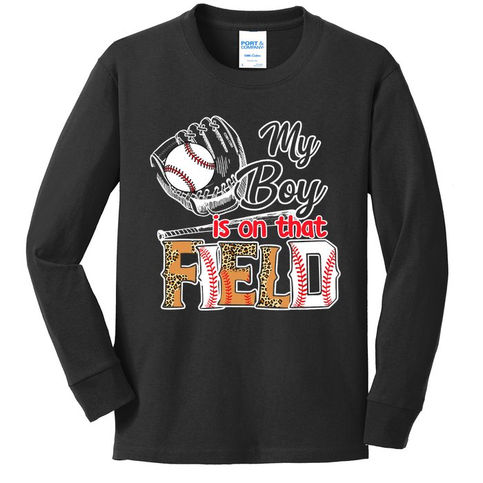 My Boy Is On That Field Baseball Leopard Kids Long Sleeve Shirt