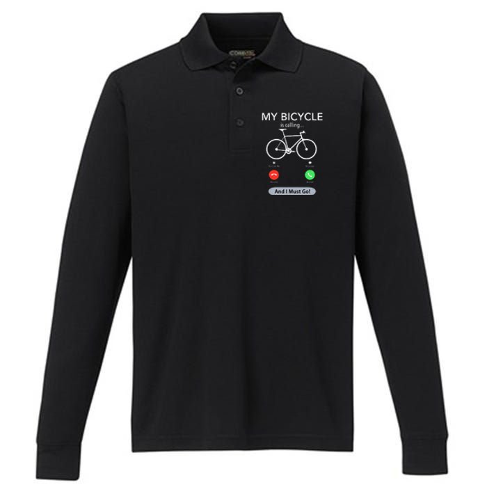 My Bicycle Is Calling Funny Cycling Performance Long Sleeve Polo