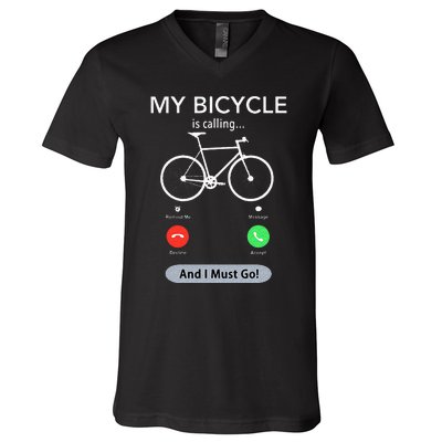 My Bicycle Is Calling Funny Cycling V-Neck T-Shirt