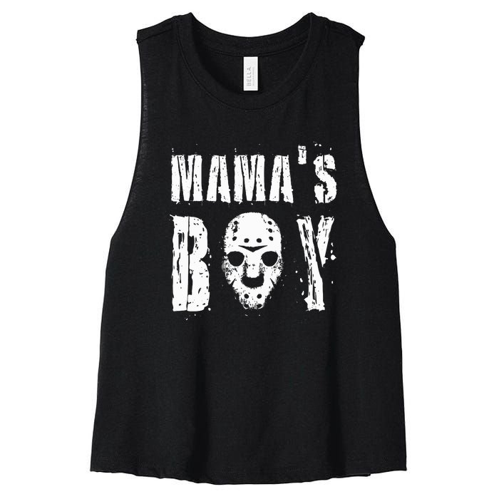 Mama's Boy Jason Hockey Mask Halloween Horror Movie Face Women's Racerback Cropped Tank