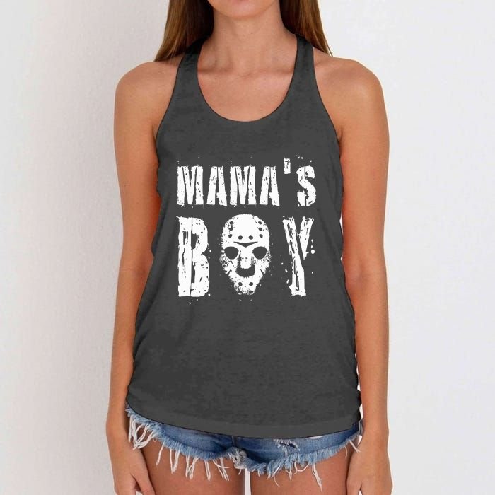 Mama's Boy Jason Hockey Mask Halloween Horror Movie Face Women's Knotted Racerback Tank