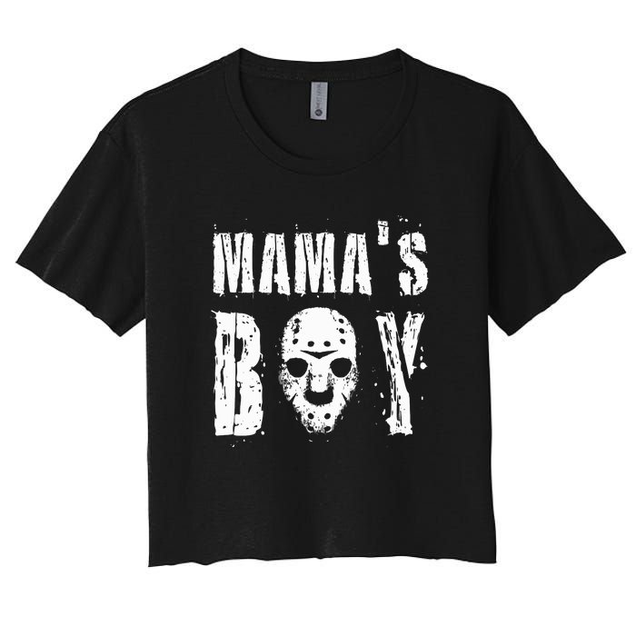 Mama's Boy Jason Hockey Mask Halloween Horror Movie Face Women's Crop Top Tee