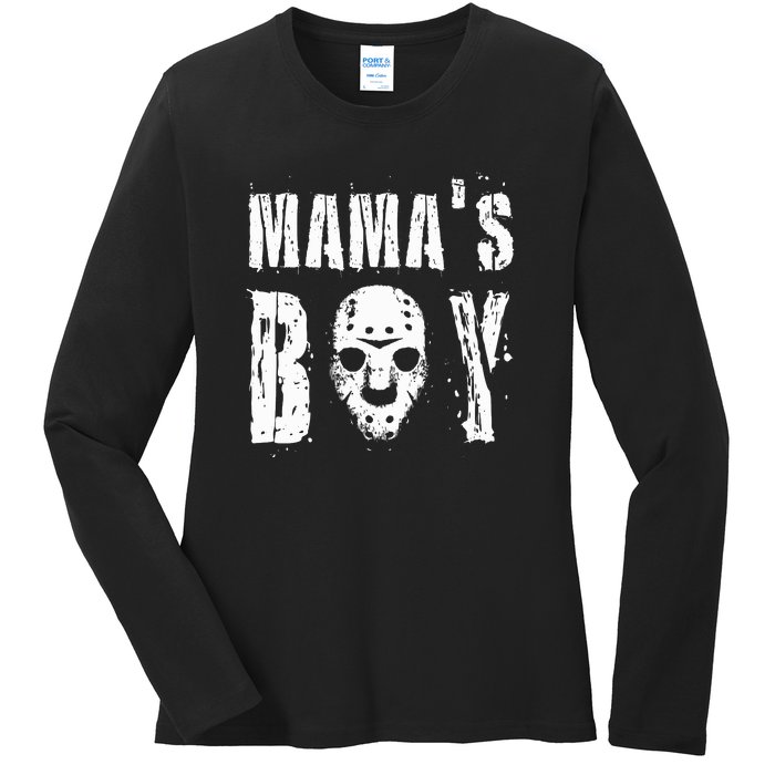 Mama's Boy Jason Hockey Mask Halloween Horror Movie Face Ladies Long Sleeve Shirt