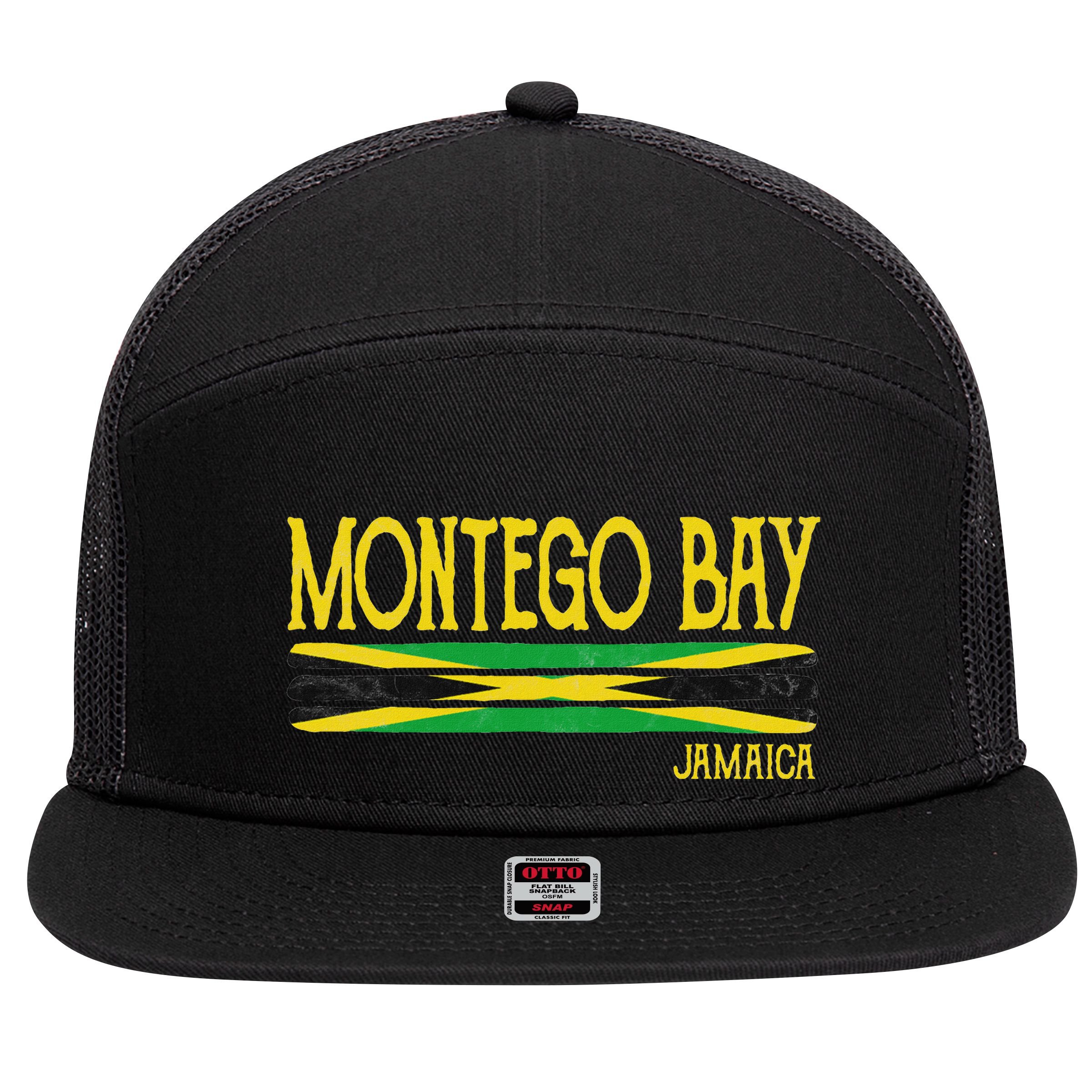Montego Bay Jamaica Jamaican Flag Gift Souvenir 7 Panel Mesh Trucker Snapback Hat